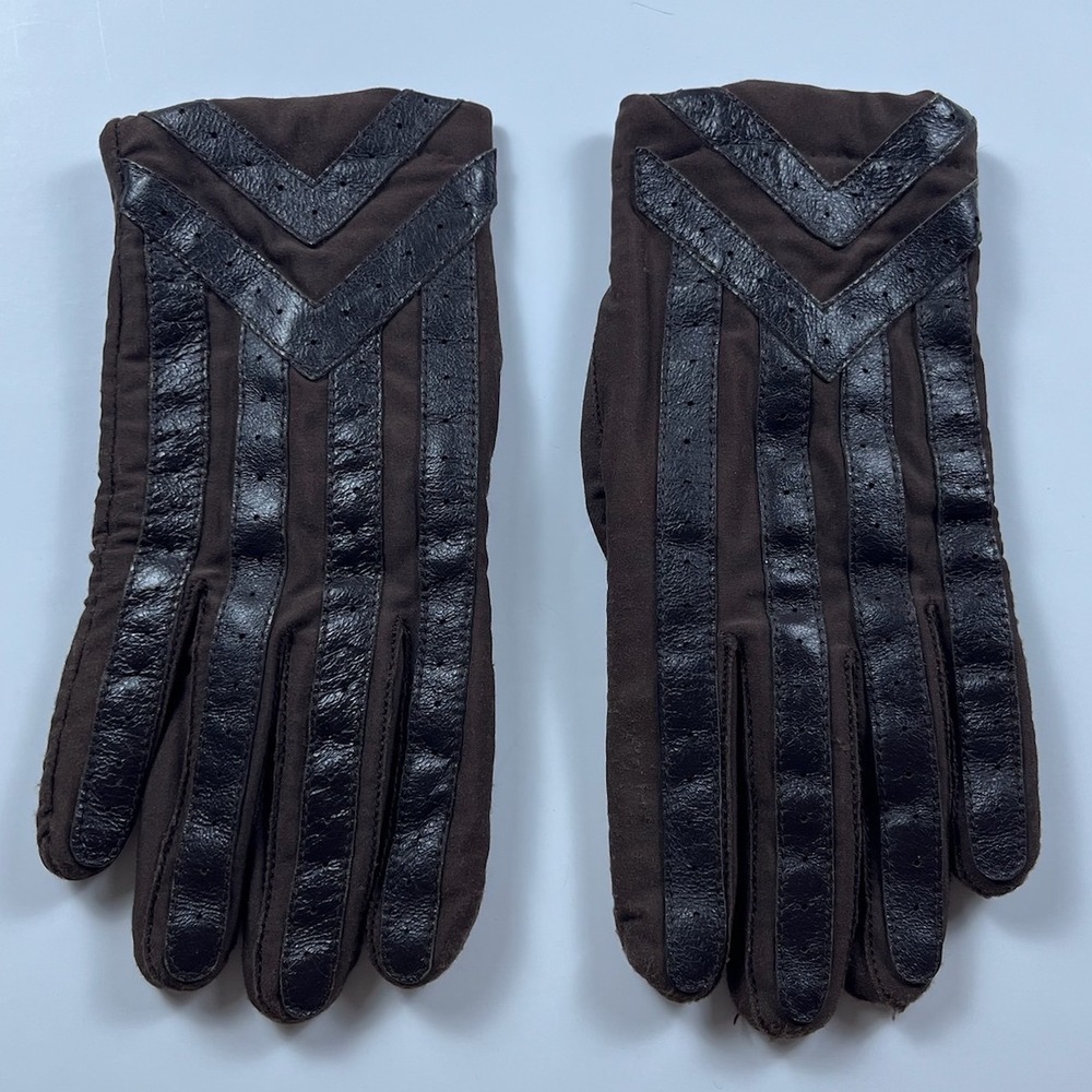 Vintage Isotoner Brown Mixed Media Chevron Stripe Leather Trim Gloves Women OS